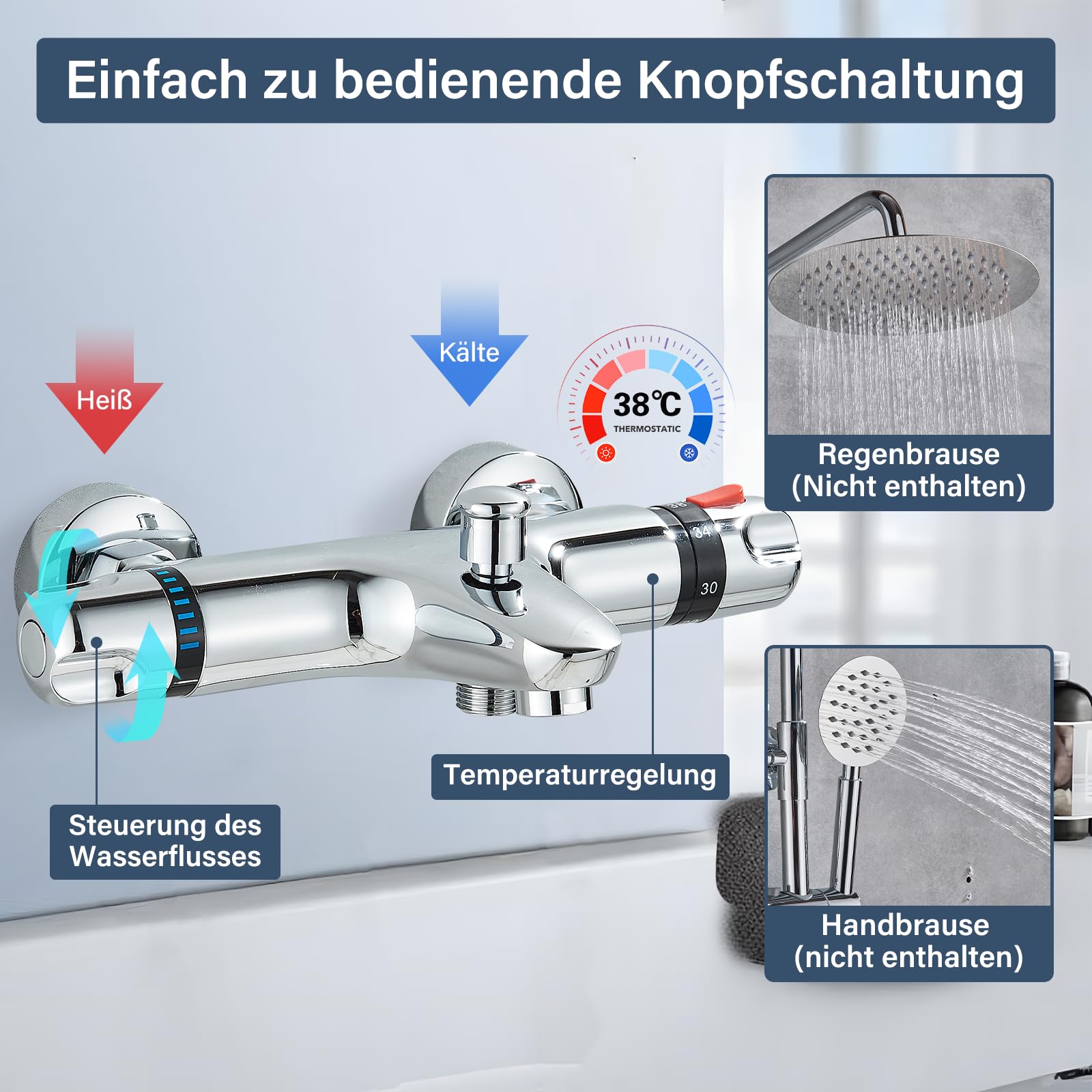 Badewannenarmatur Badewanne Thermostat Wasserhahn Wandmontage für Badezimmer Wannenarmatur Waschbecken Armatur Badarmatur Chrom
