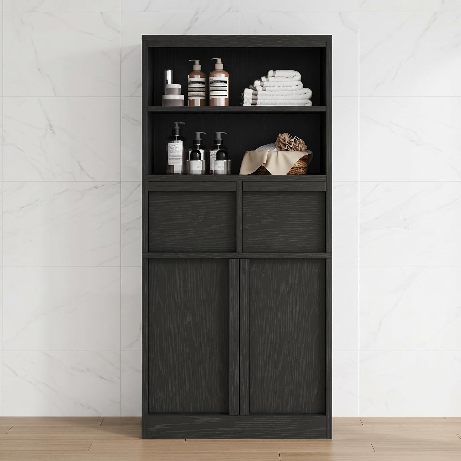 IDEALHOUSE 51″ Tall Bathroom Storage Cabinet with Wooden Handle, Freestanding Linen Cabinet with Doors & Drawers for Bathroom Kitchen Living Room, Black