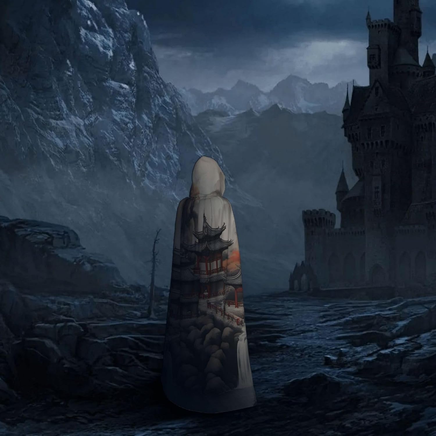Unisex Full Length Hooded Halloween Christmas Party Robe Cloak Cape Cosplay Costume Men Women Beautiful Landscape Painting1 Prints Black