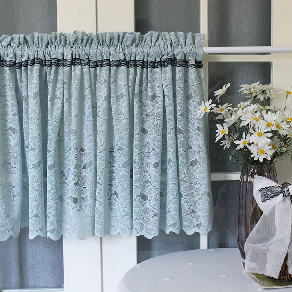 Cortina corta de encaje hecha a mano para ventanas de cocina y dormitorio en tono teal