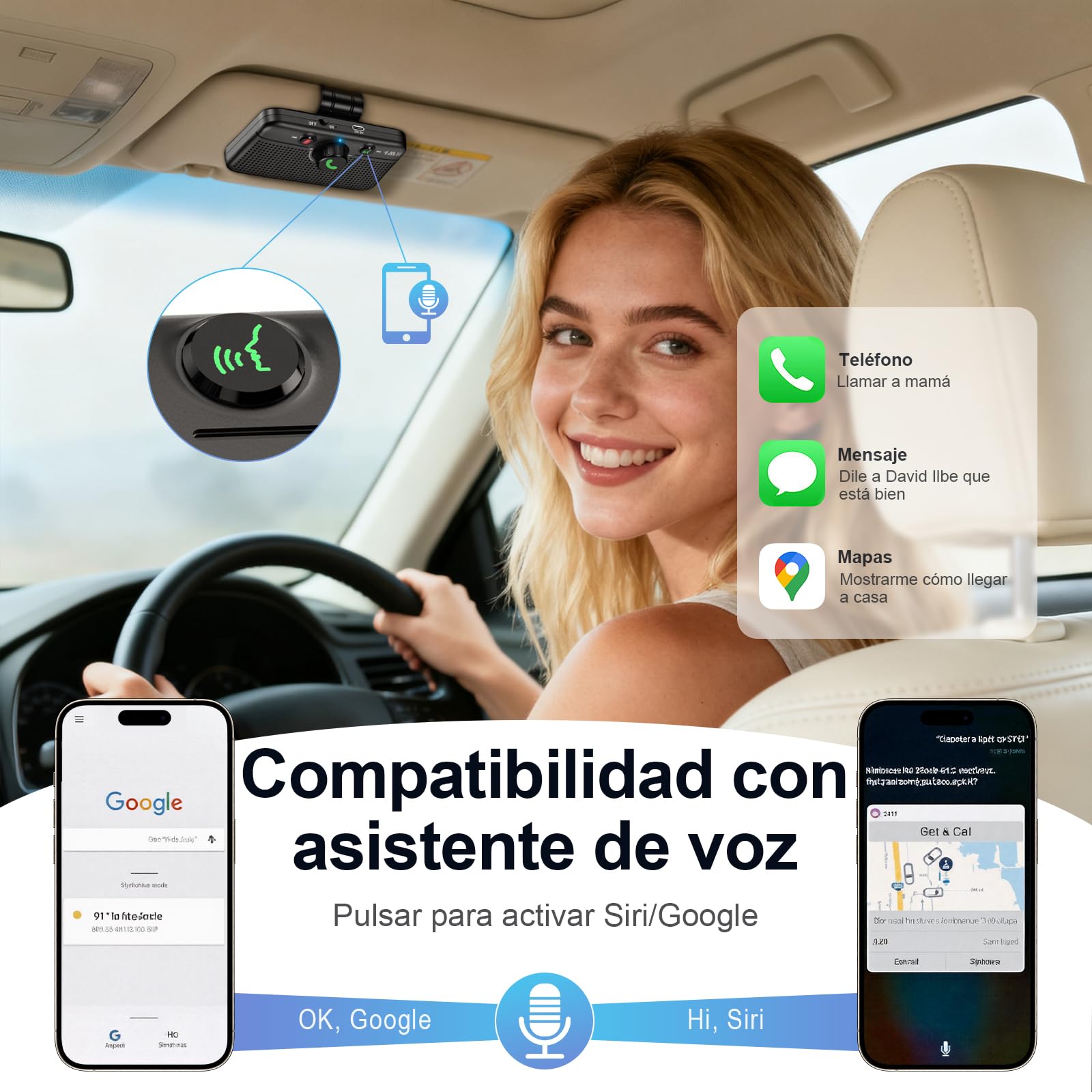1Mii Manos Libres para Coche Bluetooth 6.0, Kit de Altavoz Bluetooth para Coche, Reconexión Automática, Siri y Google Voice Assistant, Llamadas, Navegación y Música Manos Libres, 35H de Autonomía