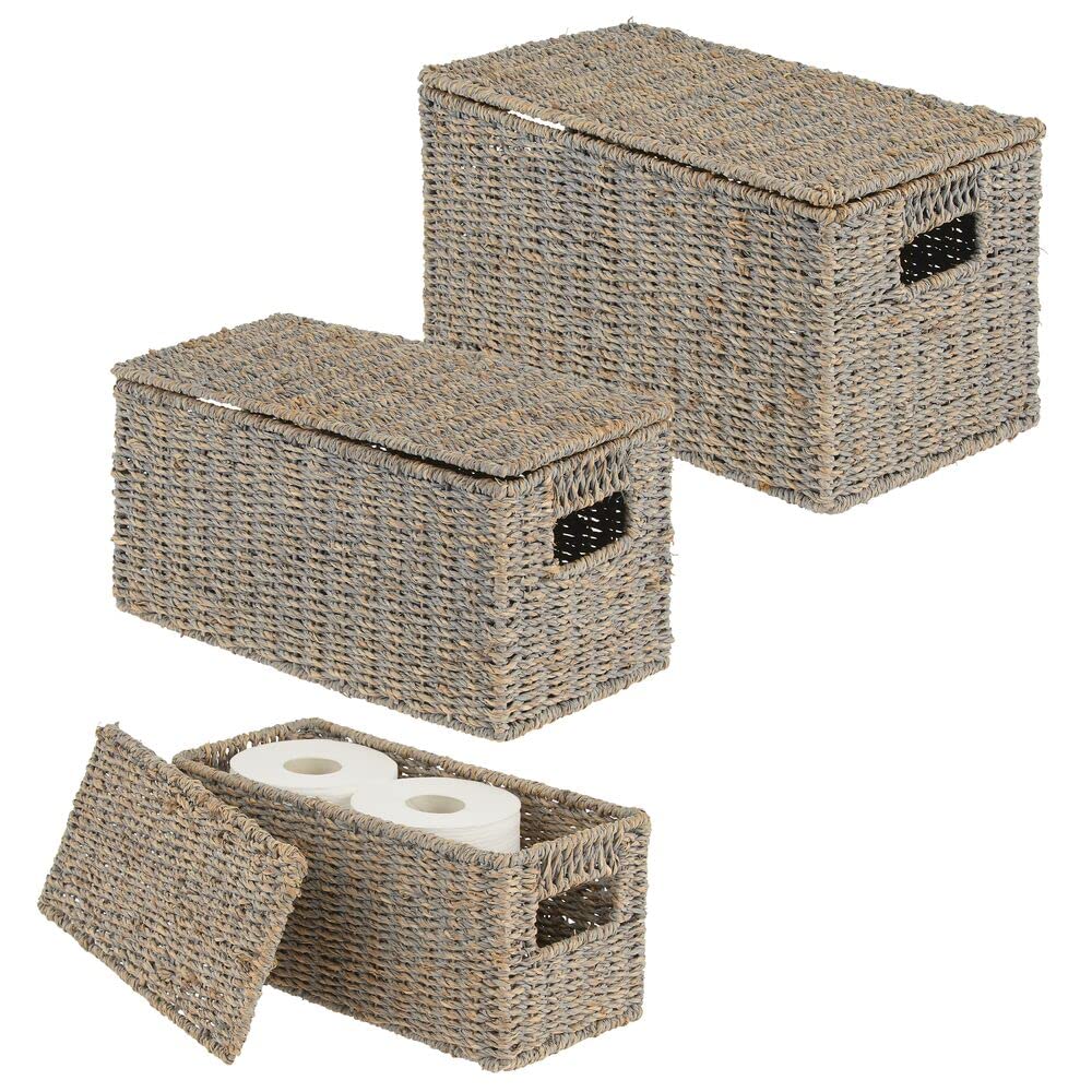 mDesign Natural Woven Seagrass Closet Storage Organizer Basket Bin with Removeable Lids to use in Closet, Bedroom, Bathroom, Entryway, Office - Set of 3 - Gray Finish
