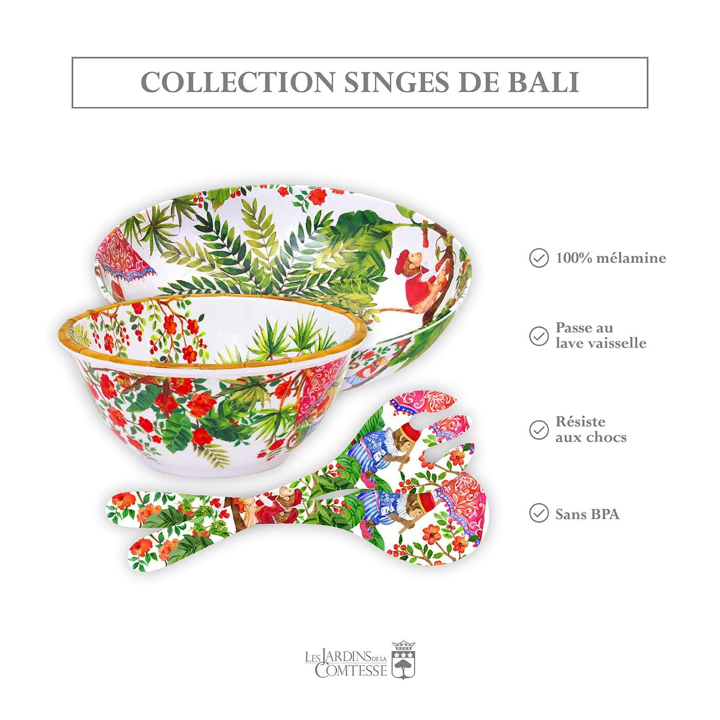 Les Jardins de la Comtesse - Ensaladera Irrompible de Melamina Pura - Monos de Bali - 31 cm - Coral Rojo y Verde - Bol Decorado Dentro y Fuera de la Colección Vajilla Irrompible MelARTmine