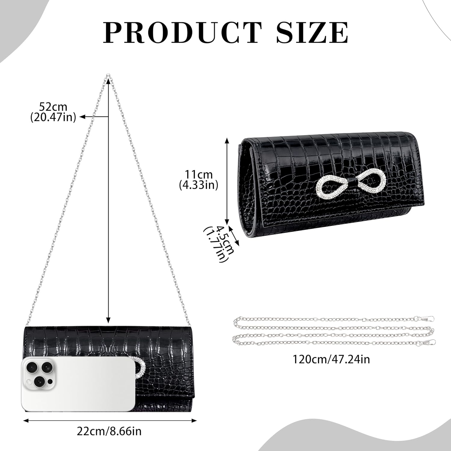 Larcenciel Black Patent Crocodile Evening Clutch Purses for Women with Rhinestone Bow & Chain for Wedding Prom Cocktail Party - Image 6