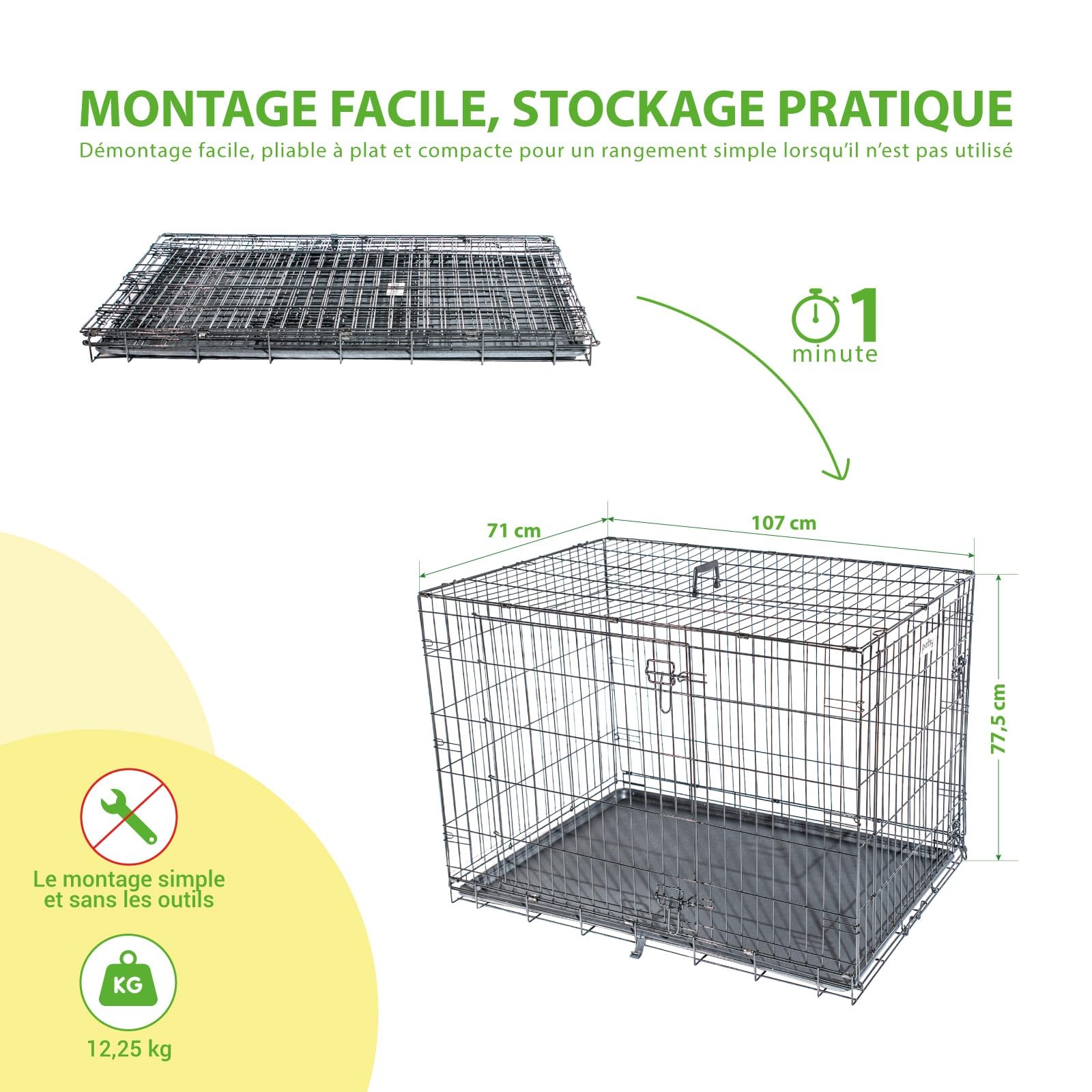 Cage pour Chien FortressooXL, Caisse de Transport pour Chien Moyen 107x71x77cm, Pliable, 2 Portes, Plateau Amovible, Utilisation Interieur, Garantie 5 Ans