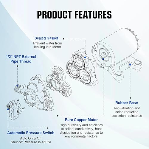 Miniatura 6 de ECO-WORTHY Bomba de agua dulce RV 12 V CC 3.5 GPM 45 PSI con interruptor de presión, bomba de diafragma de presión de agua autocebante de 12 voltios