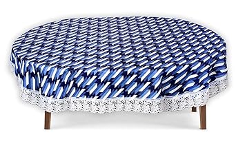 The Furnishing Tree Waterproof PVC Oval Shaped Center Table Cover WxL 40x60 inches Symmetric Pattern Blue with White Border lace