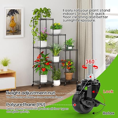 Miniatura 5 de Abimars Soporte de plantas de 1,50 m con ruedas, estante de metal ajustable en altura para 7 plantas en macetas, exhibidor de plantas para interior