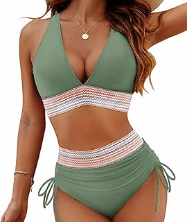TBLMPNE Women's Bikini Set V Neck Sexy Swimsuit Swimwear High Waist Colour Block Two Piece Drawstring Swimsuits Bikini Swimsuit