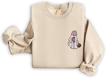 Tegoprints Unisex Halloween Sweatshirt | Pink Ghost Coffee | Ghost Fall Embroidered Long Sleeve Top