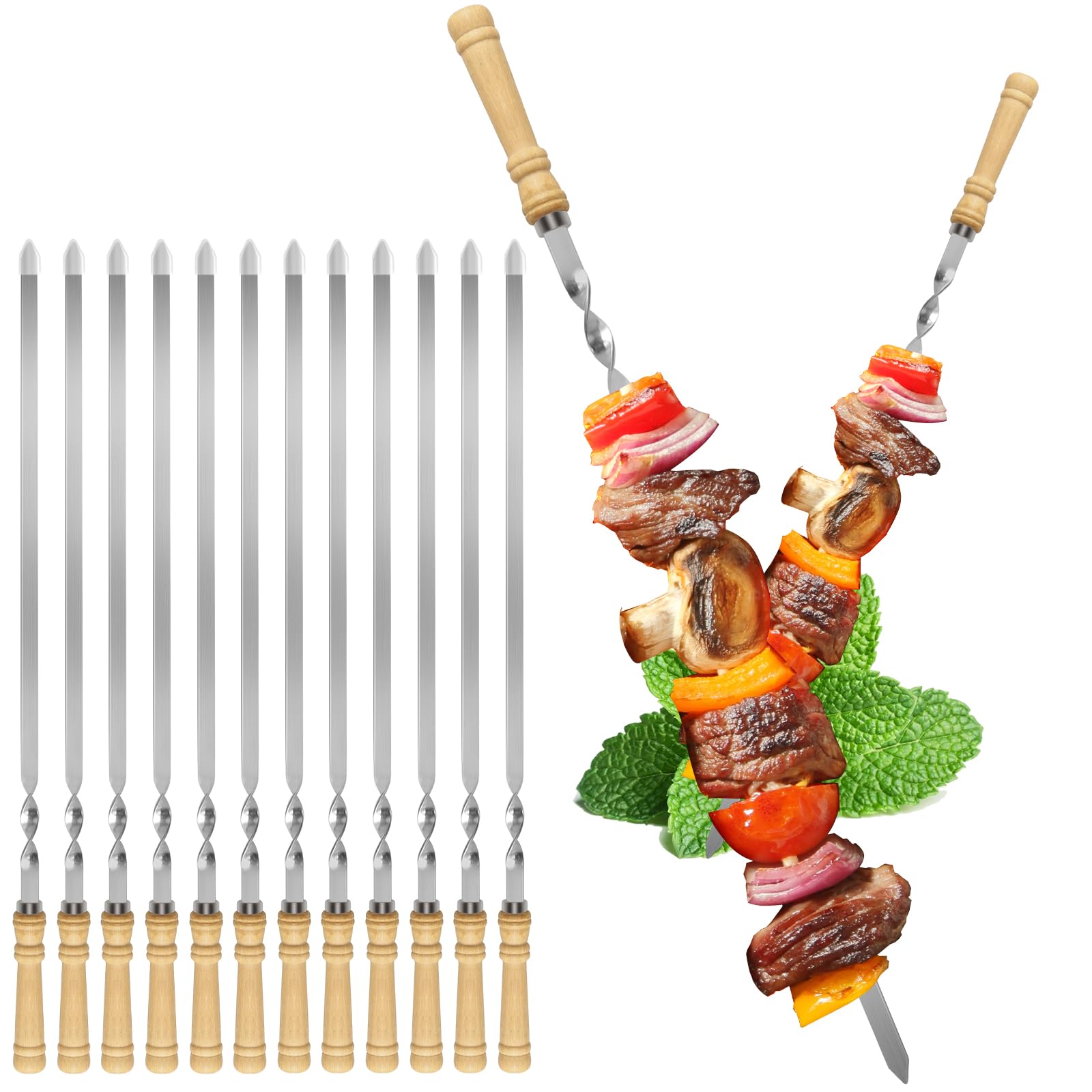 JOWHONK Kabob Skewers,23.6 inch Flat Skewers for Grilling with Wooden Handle,Reusable Stainless Steel Metal BBQ Barbecue Skewer,Shish kebab Stick Set for Meat Shrimp Chicken Vegetable-12PCS.