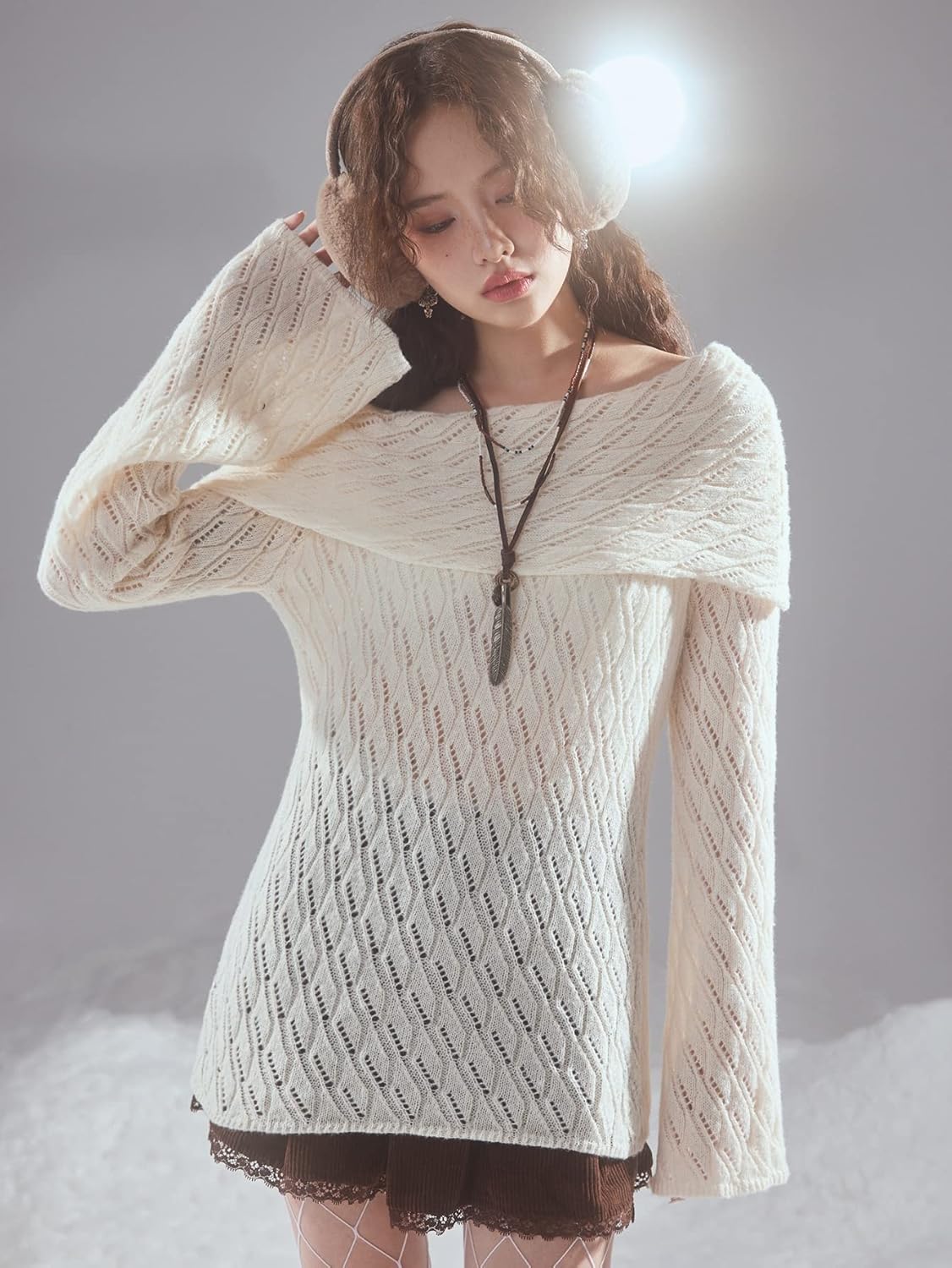 Women's Sweater Boat Neck Pointelle Knit Sweater Sweater for Women (Color : Beige, Size : Medium)