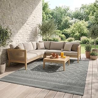Mia´s Teppiche Denver robuster Outdoor Teppich, modern, Wetterfest & UV-beständig, für Balkon, Terrasse und Wintergarten, flach, auch für Küche oder Esszimmer, Grau, 67 x 180 cm