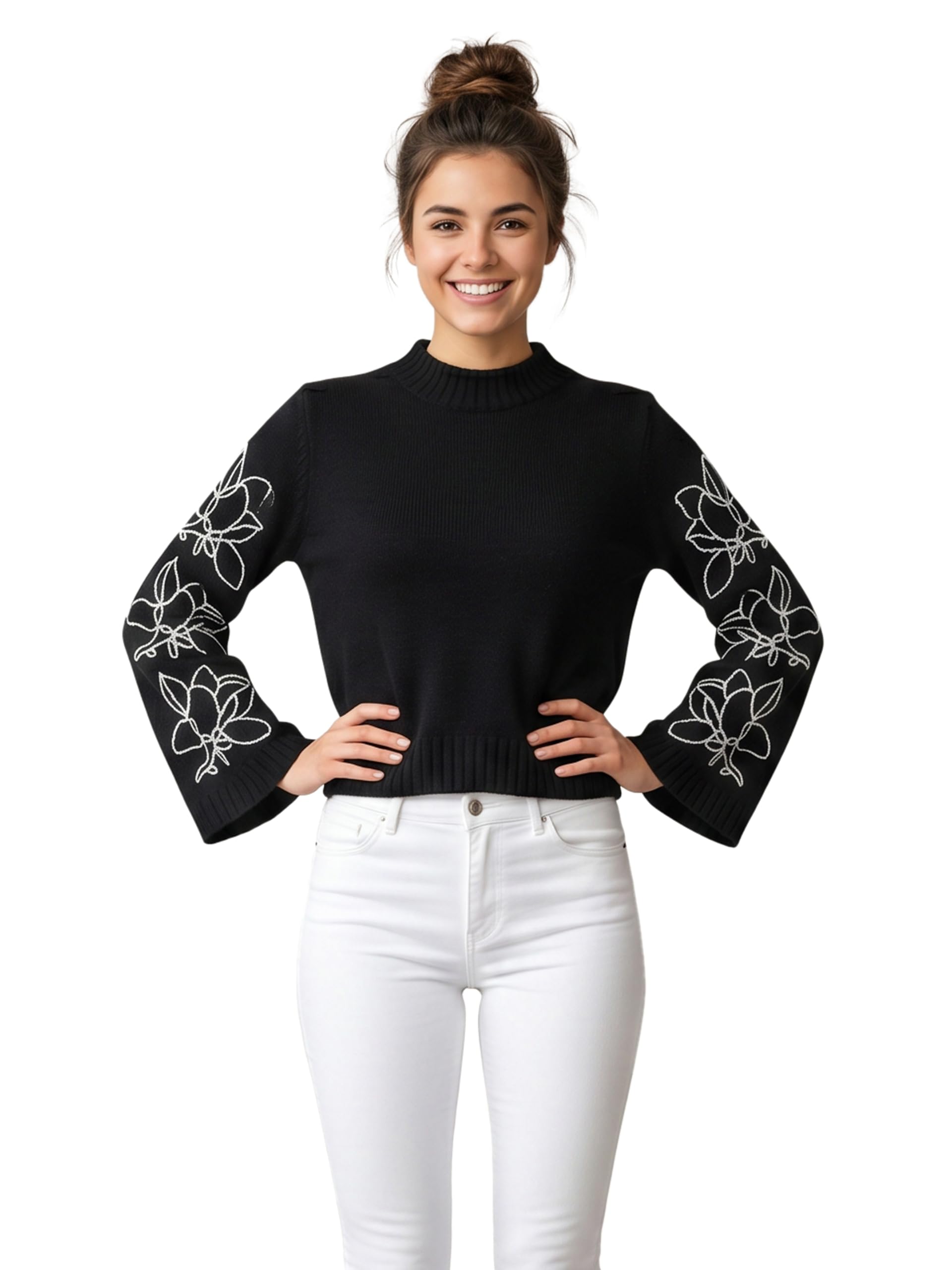 gfo Women Stylish High Neck with Long Bell Sleeve Knitted Pullover-picture-22
