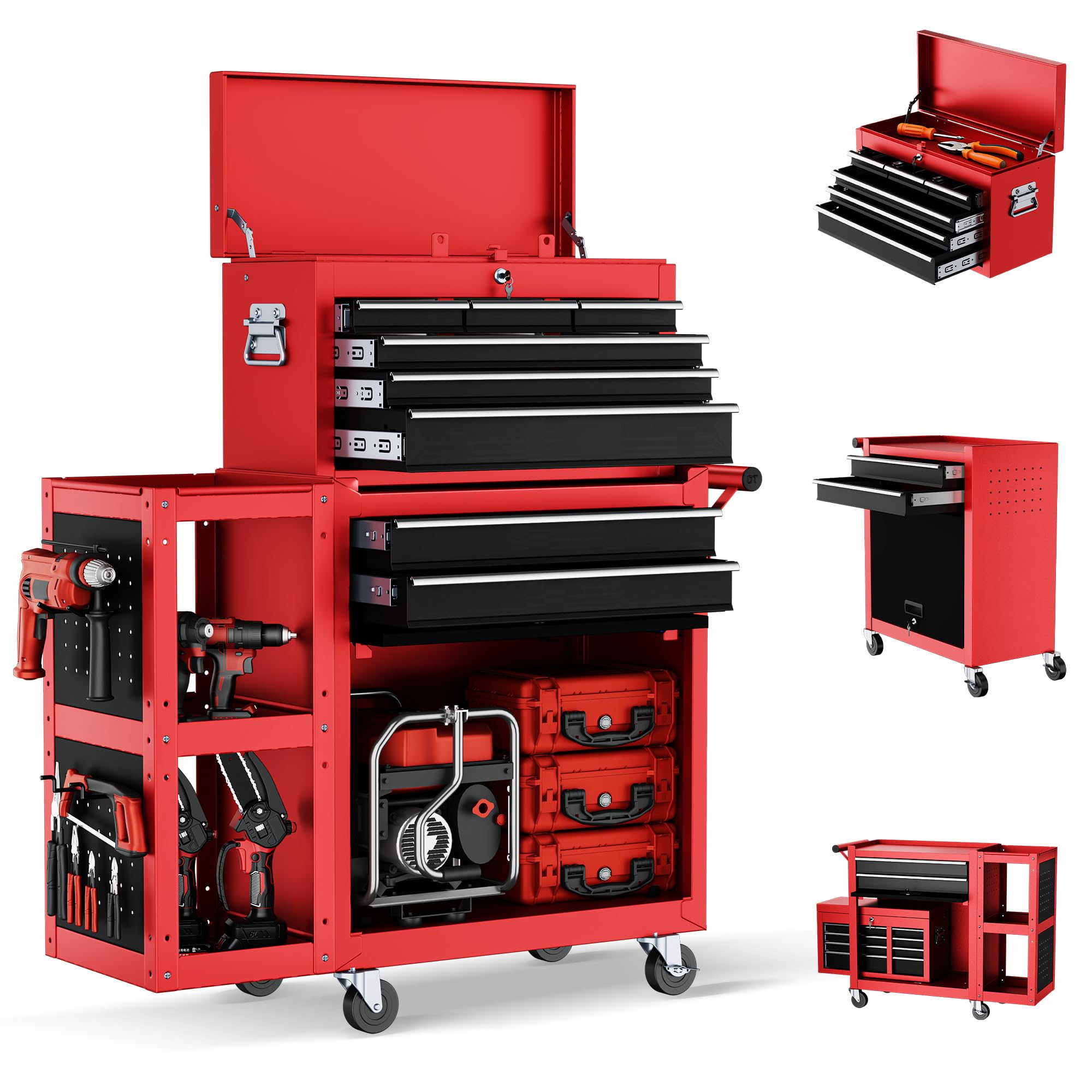 8-Drawers Rolling Tool Chest, Assembled Tool Cabinet, Removable Top Toolbox, 30% Extra Storage Tool Cabinet Heavy-Duty Lockable Wheels, Tool Rack, Metal Tool Storage Cart for Workshop, 2026 New Red