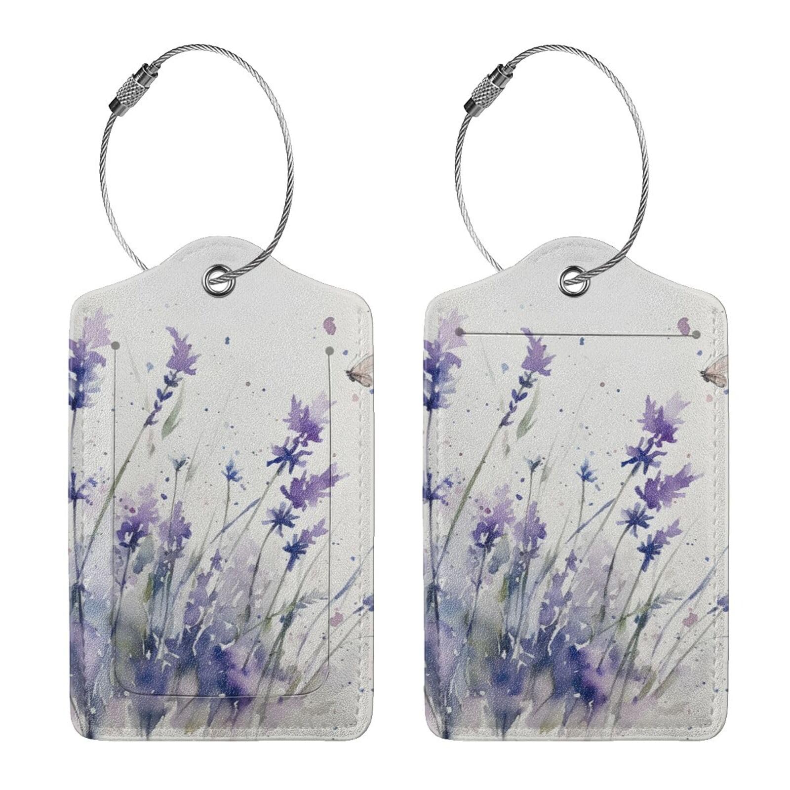 4 etichette per bagagli in pelle PU per valigie, etichette per bagagli ad acquerello viola lavanda con anello in acciaio inossidabile, etichetta identificativa per la privacy, per donne e uomini