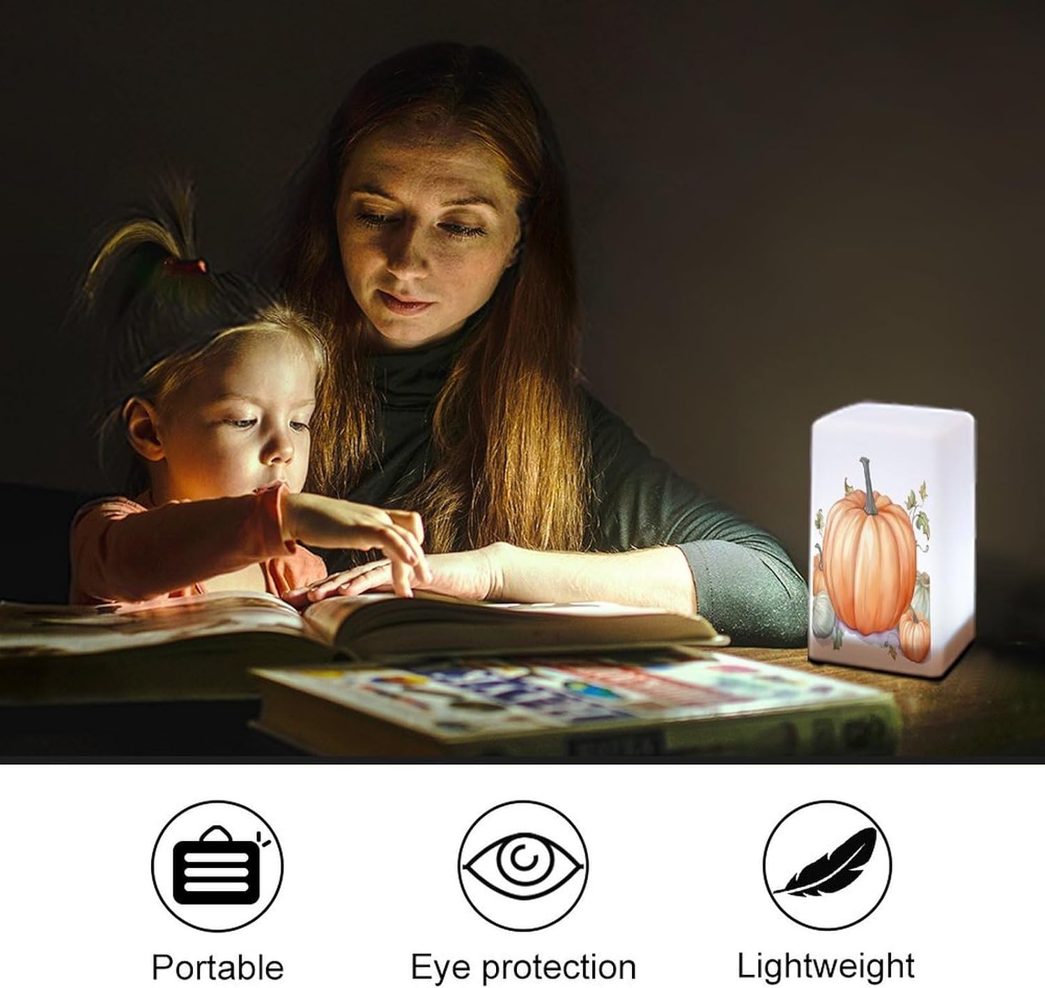 Cordless Night Light Battery Powered Dimmable Lamp for Reading Fall Watercolor Pumpkins Small Desk Lamp for Bedroom Living Room Office