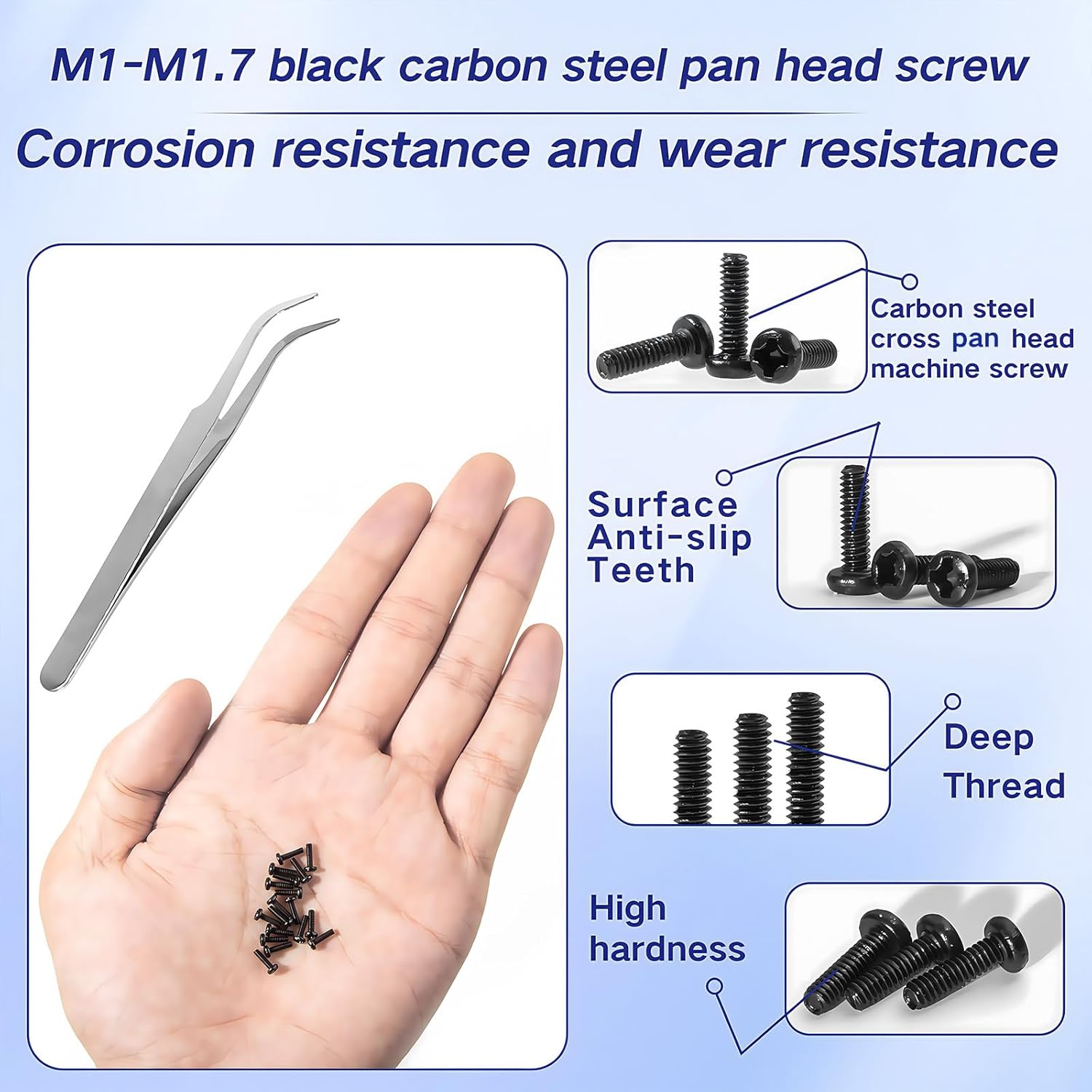 1000Pcs Tiny Micro Repair Screw Metric M1/M1.2/M1.4/M1.7 Black Carbon Steel Phillips Pan Head Small Machine Screws Assortment for Eyeglasses,Watches,Clocks,Mobile Phone