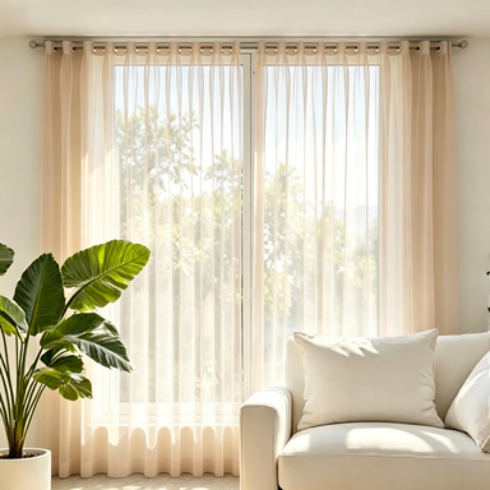 FEIJDON Semi Sheer Curtains 145 x 195 cm Elegant Sheer Tulle, Airy Soft Voile Drapes Curtains – Energy-Saving Privacy Panels with UV Light for Kitchen, Patio, Hotel, Light brown