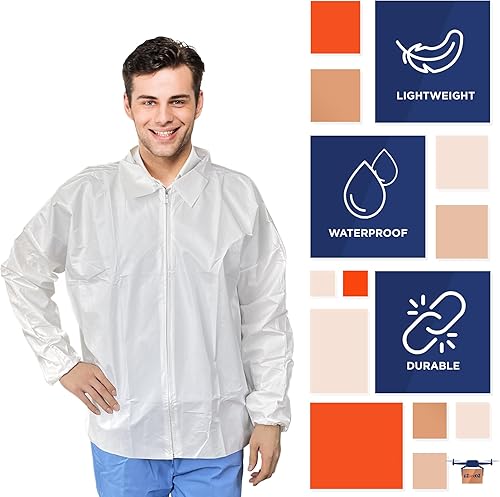 Miniatura 4 de EZGOODZ Chaqueta de laboratorio desechable blanca, grande. Paquete de 10 chaquetas desechables dentales. Chaquetas de laboratorio unisex