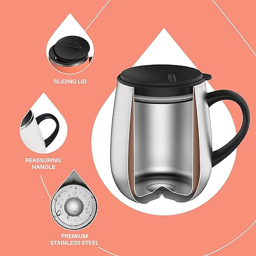 Miniatura 3 de Ideus Taza de café aislada de 16 onzas con asa y tapa, doble pared de acero inoxidable con aislamiento al vacío, taza de café de viaje, taza térmica