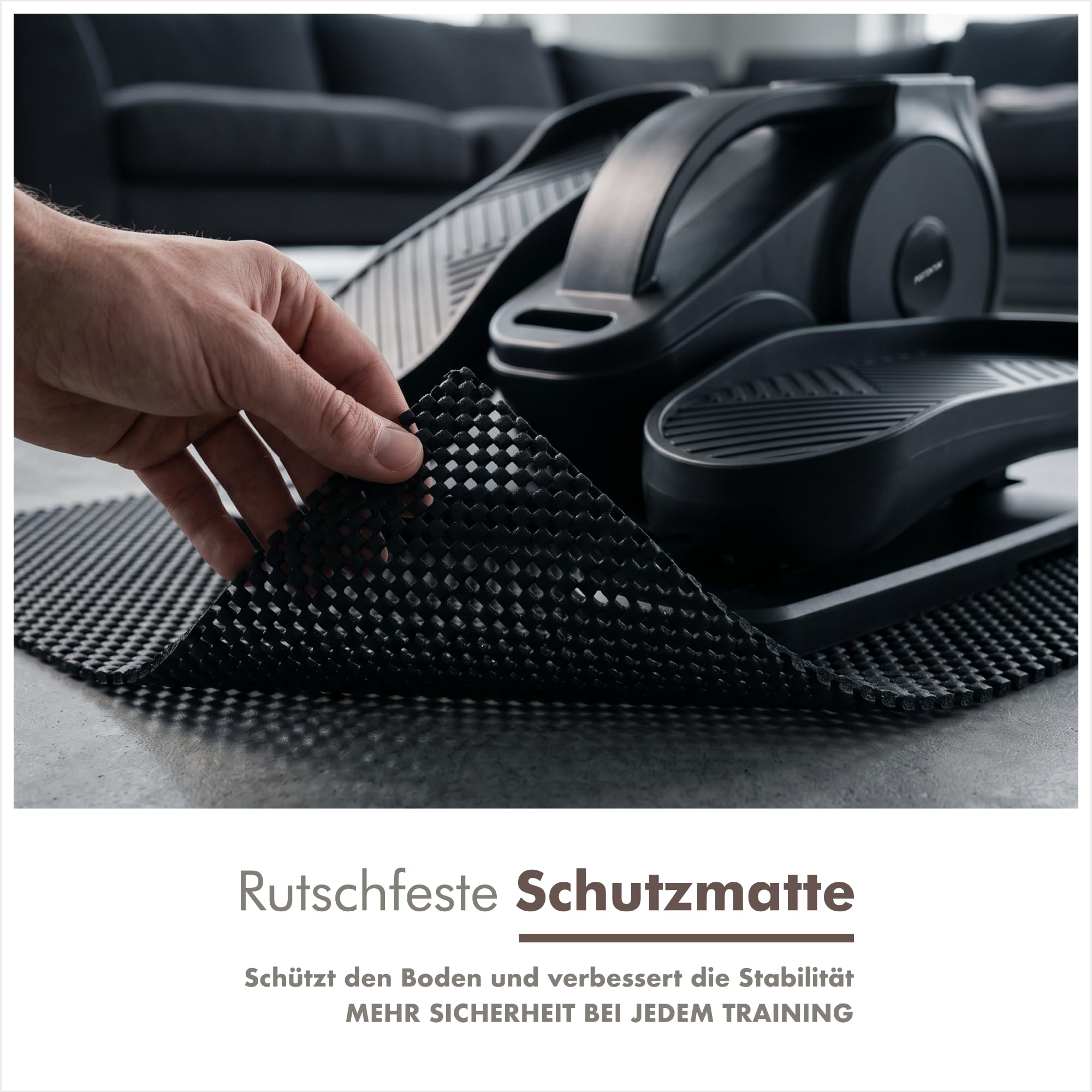 PORTENTUM Mini Ellipsentrainer elektrisch mit Widerstandsbändern – Matte und Schlaufen – Pedaltrainer für Senioren automatisch und manuell mit 12 Geschwindigkeiten – Fernbedienung – Kompakt für Büro