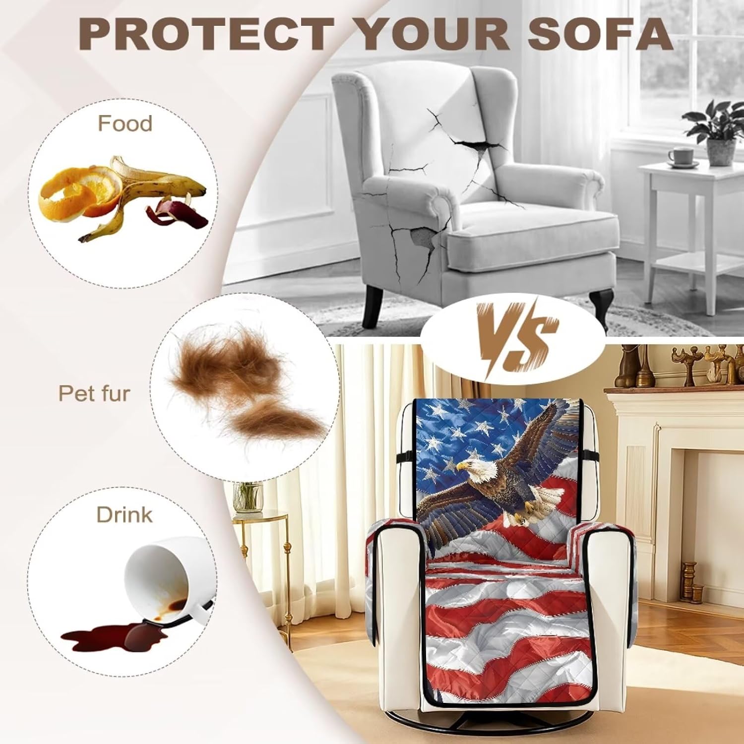 Eagle American Flag Print Recliner Chair Covers Non-Slip Comfy Lazyboy Recliner Chair Cover Fitted Sofa Couch Cover Soft Reclining Couch Slipcover Furniture Protector