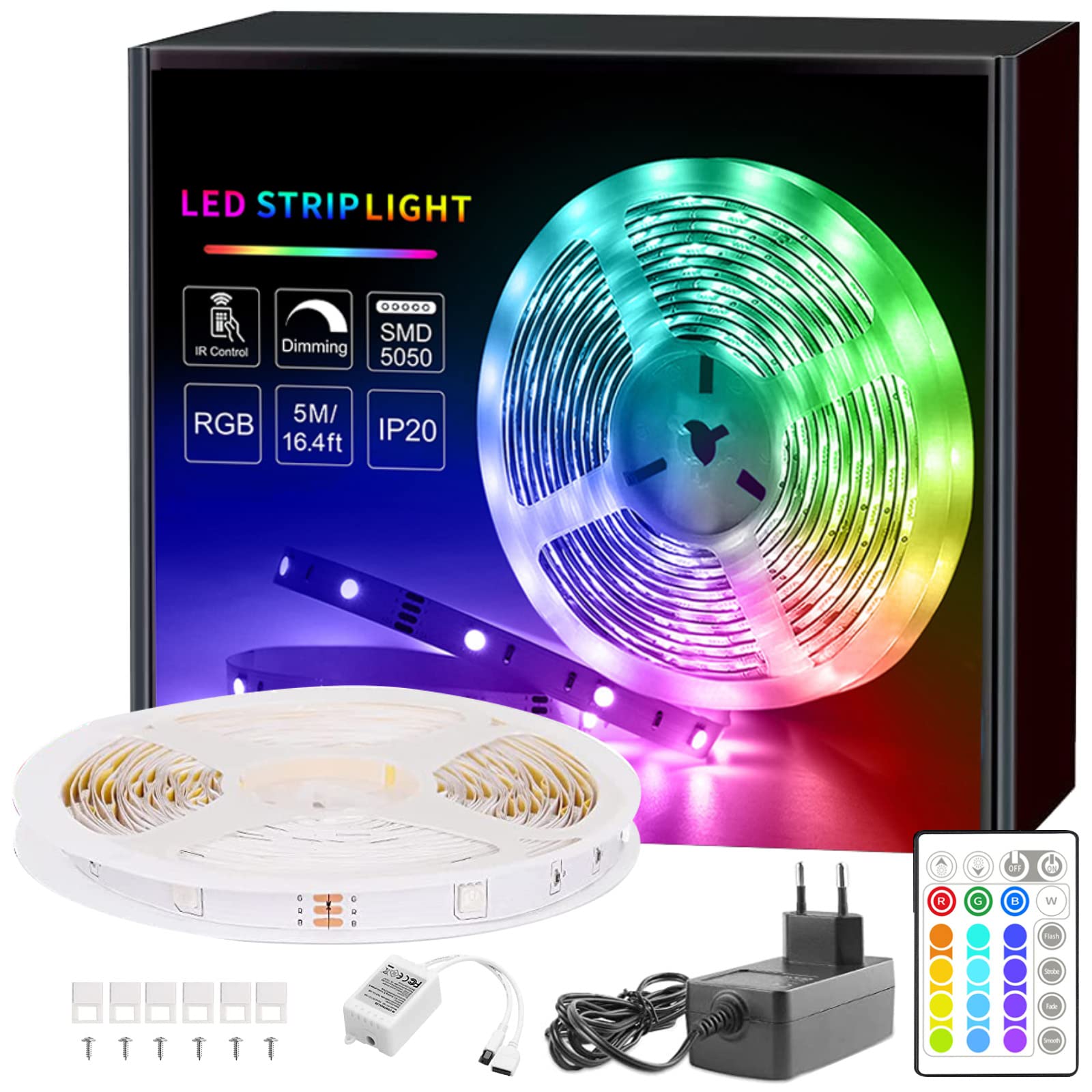 BAOMING RGB LED Streifen 5m, Farbwechsel LED Band mit IR Fernbedienung,16 Mio. Farben, Musik Sync, für TV Zuhause, Schlafzimmer, Küche, Decke, Party