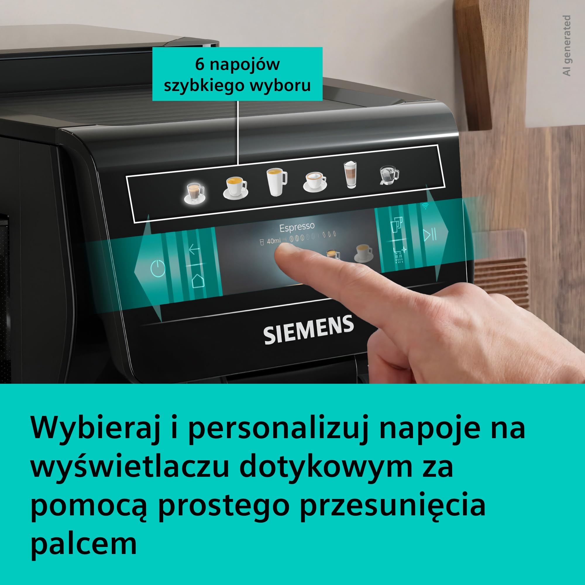 Siemens EQ600 iAroma, automatyczny ekspres do kawy z młynkiem i ekranem dotykowym, do kaw i napojów mlecznych do 480 ml, czarny, TP601E09