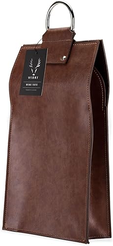 Miniatura 5 de Viski Bolsa de vino de cuero, bolsa de regalo de vino de piel sintética, cierre a presión, mango de acero inoxidable, capacidad para 2 botellas de