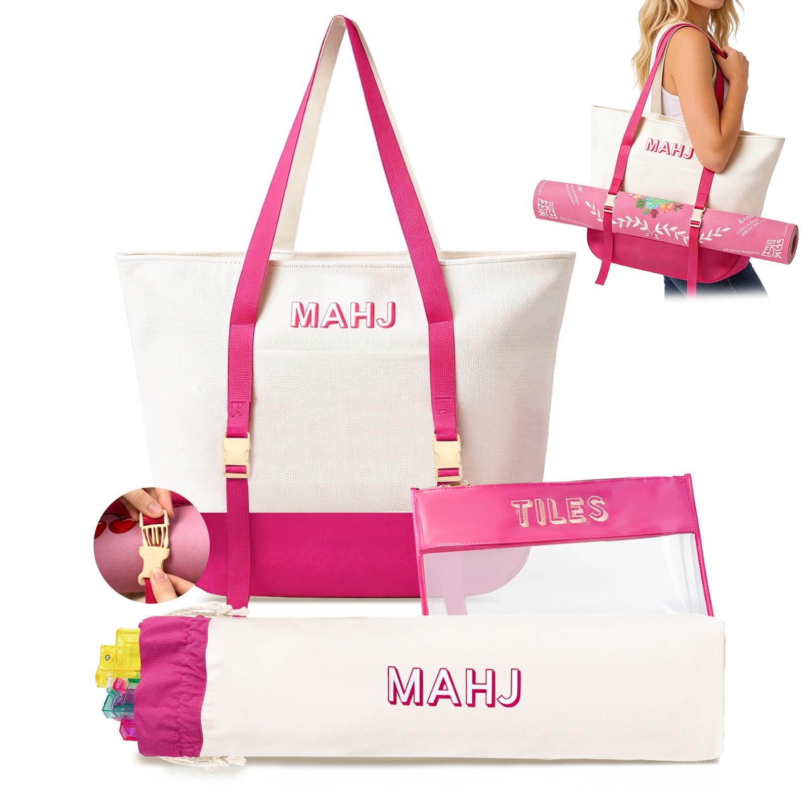 Photo 1 of Mykng Nzw 3Pcs Canvas Mahjong Tile Bag Set for Tiles and Racks, Rose Red