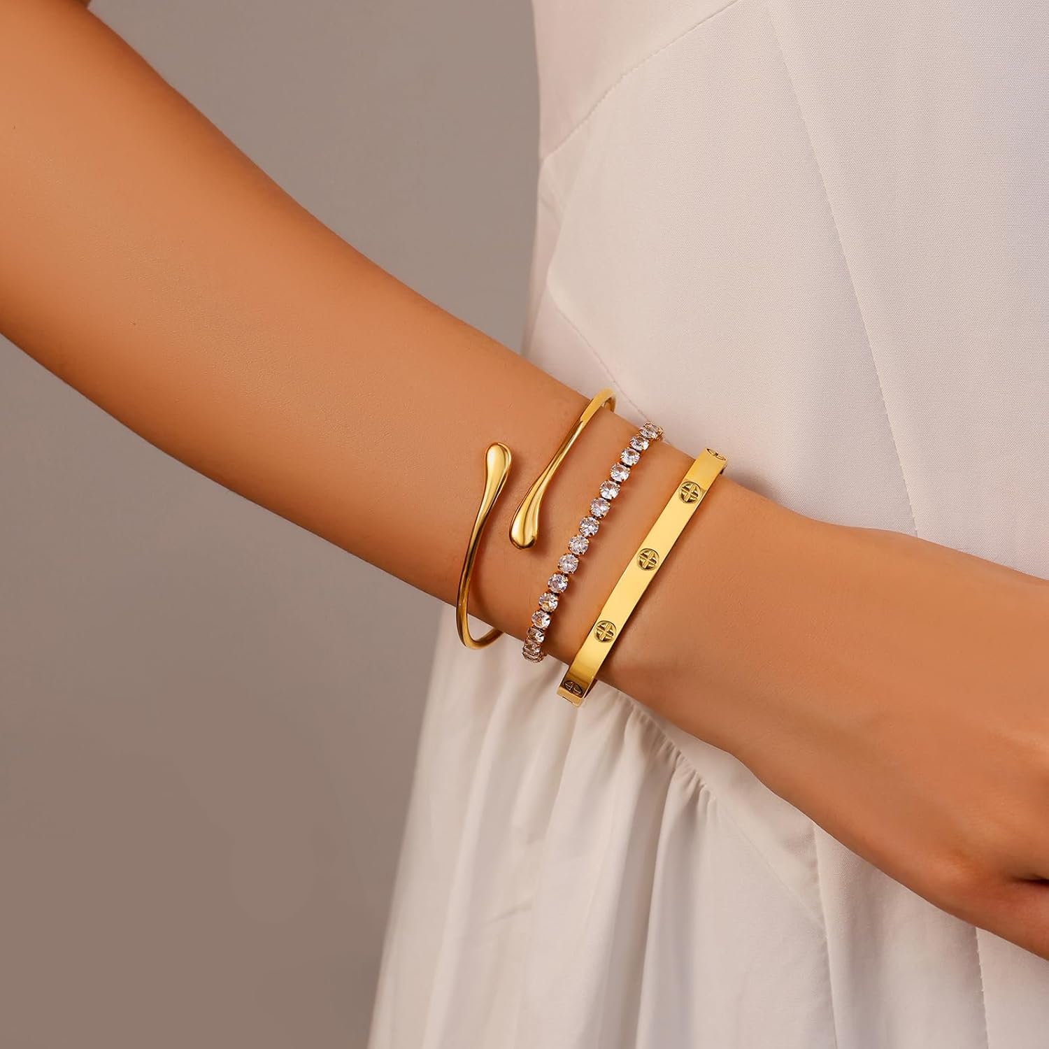 18K Gold Plated Love Bangle Bracelet Set Cubic Zirconia Classic Stainless Steel Adjustable CZ Gold Tennis Love Bracelets Stack for women - Image 3