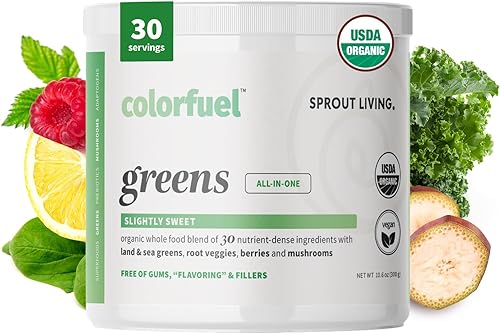 Colorfuel Organic Greens - Mezcla de polvo para bebidas con superalimentos + adaptógenos, apoyo digestivo con prebióticos + espirulina, clorella,