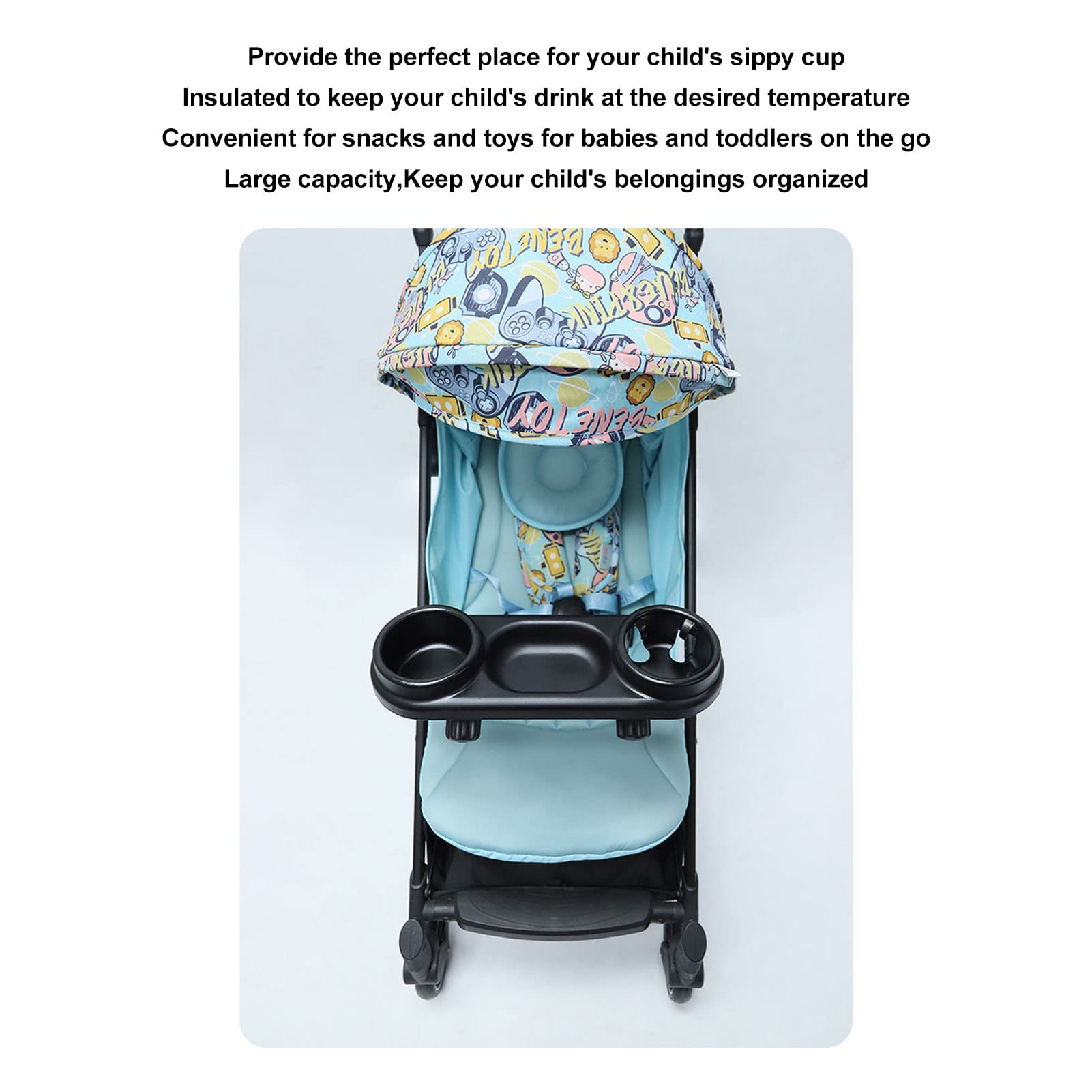 Universal-Kinderwagen-Snack-Tablett, Kinderwagen-Becher-Unterstützung mit Tablett-Befestigung für kleine Dinge, Babywagen-Zubehör für Kinderwagen