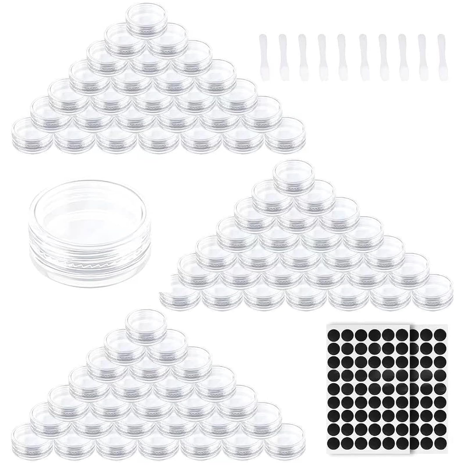 100 Piezas Tarros de Plástico 3g/3ml | Contenedores Cosmético de Viaje Envases de Vacío Pequeños con Tapas, Etiquetas Adhesivas y Espátulas para Crema Muestra