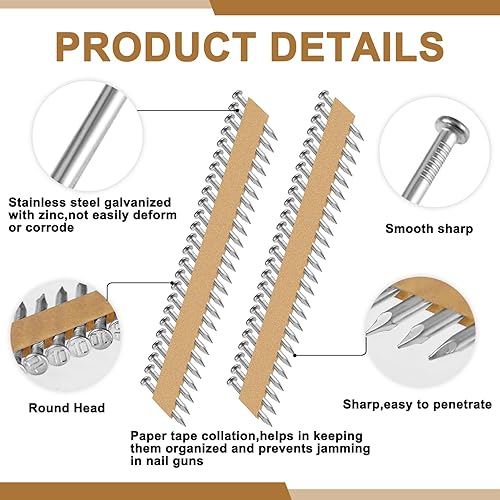 Miniatura 3 de Zonon 3000 unidades de clavos de conector de metal de 1 12 pulgadas, clavos galvanizados para colgar vigas de 34 grados, con cinta de papel de 34