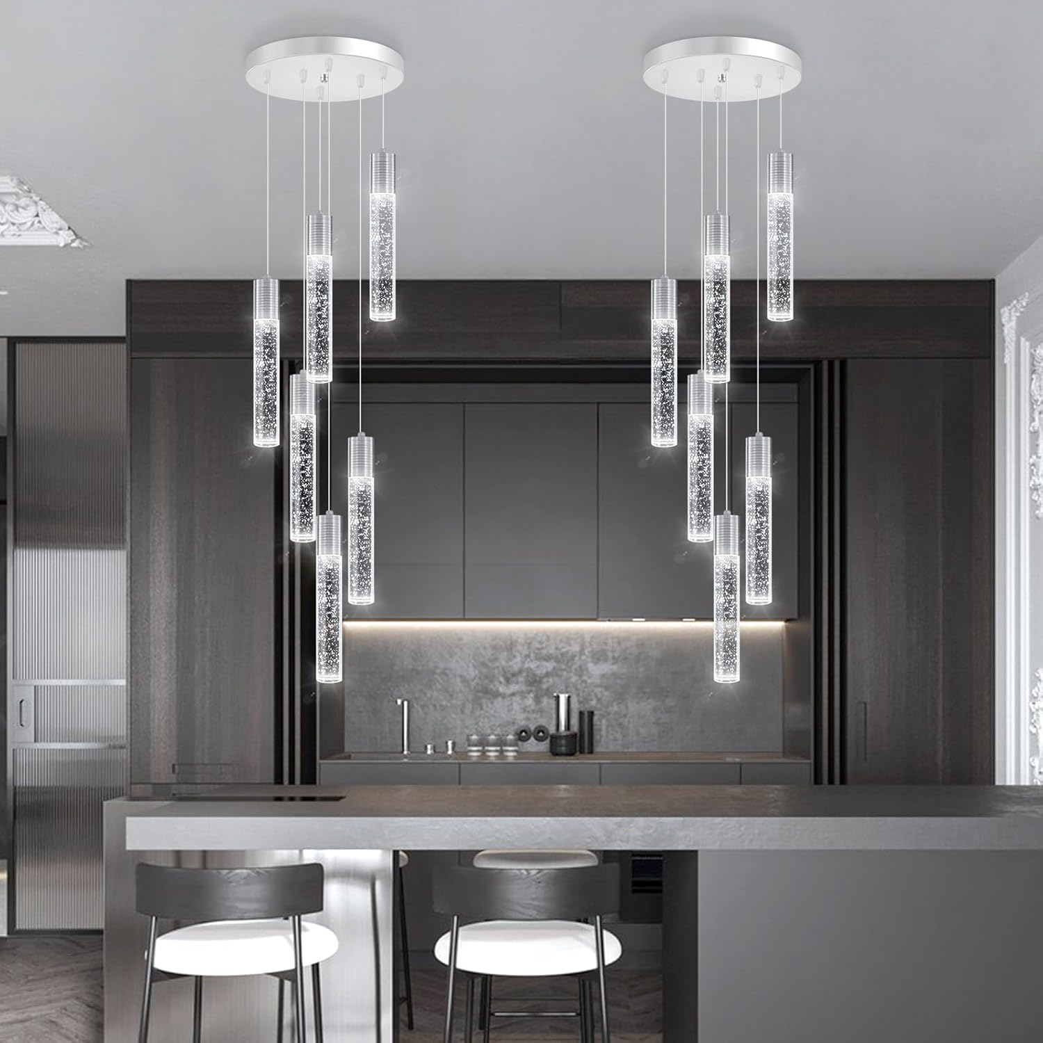 Mini Chandeliers for Kitchen Island Modern Crystal Pendants Light Dining Room Pendant Lighting Fixture High Ceiling Hanging Lights Bedroom Island Kitchen Foyer 6000K White Light Fixtures Chrome Silver 6-lights
