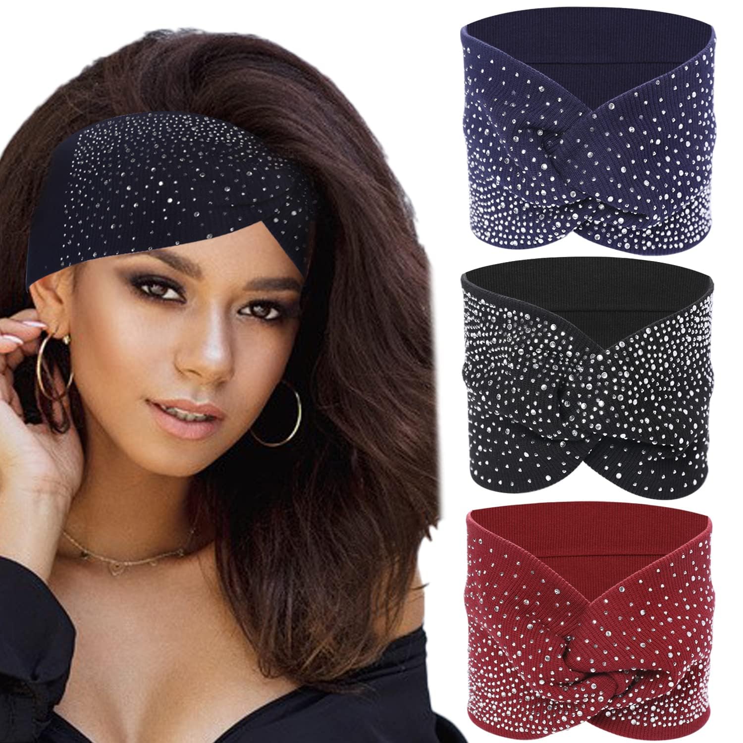 TERRIFI Rhinestone Boho Headbands, 3 Pack Crystal Stretch Turban Headbands, Fashion Hair Scarfs with African Cotton Fabric, Stylish and Comfortable for Everyday Wear