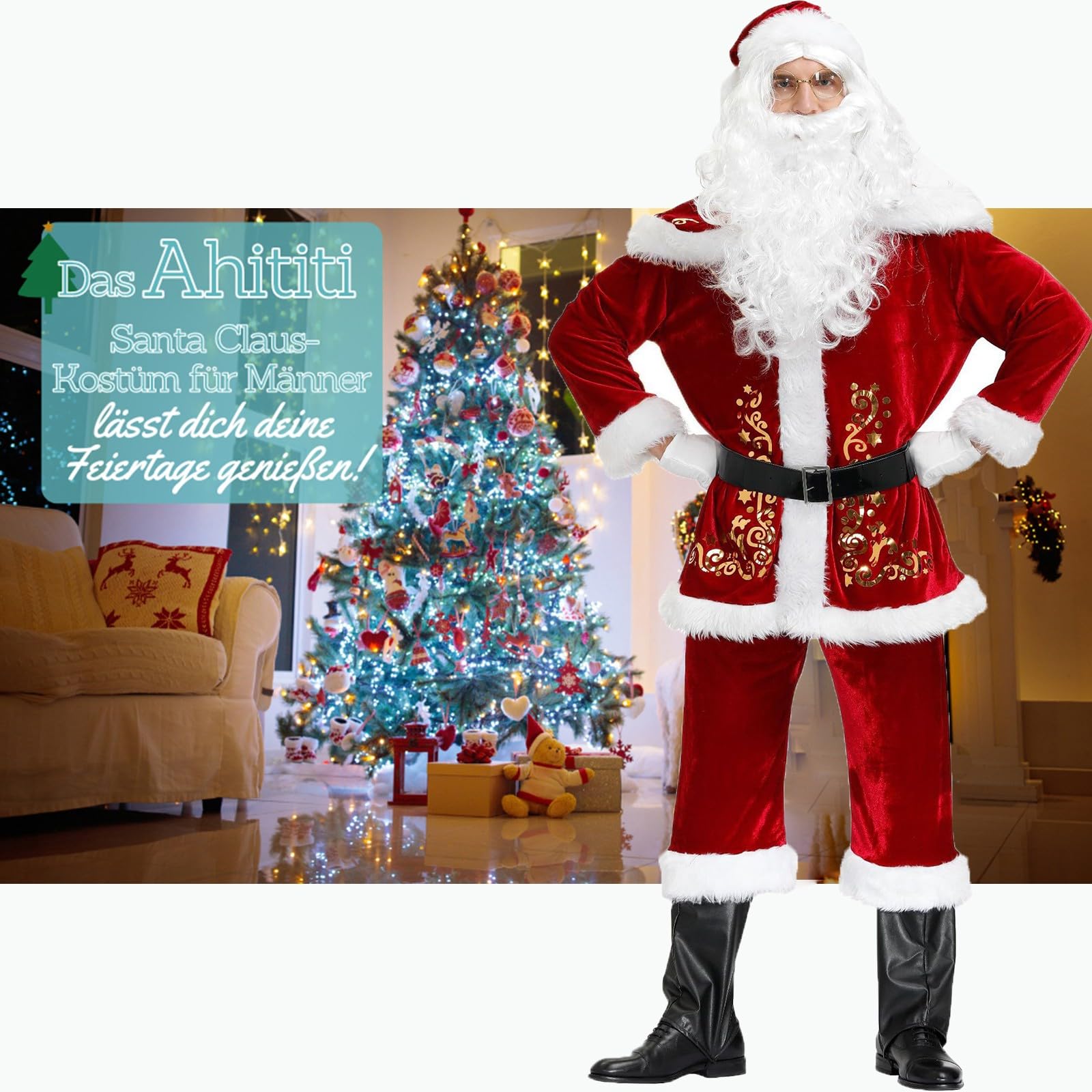 Costume de Père Noël pour Hommes, 9pcs Complet de Déguisement de Noël pour Adulte, Rouge Velours de Luxe Vêtement de Père Noël, Noël en Velours de Luxe pour Adultes