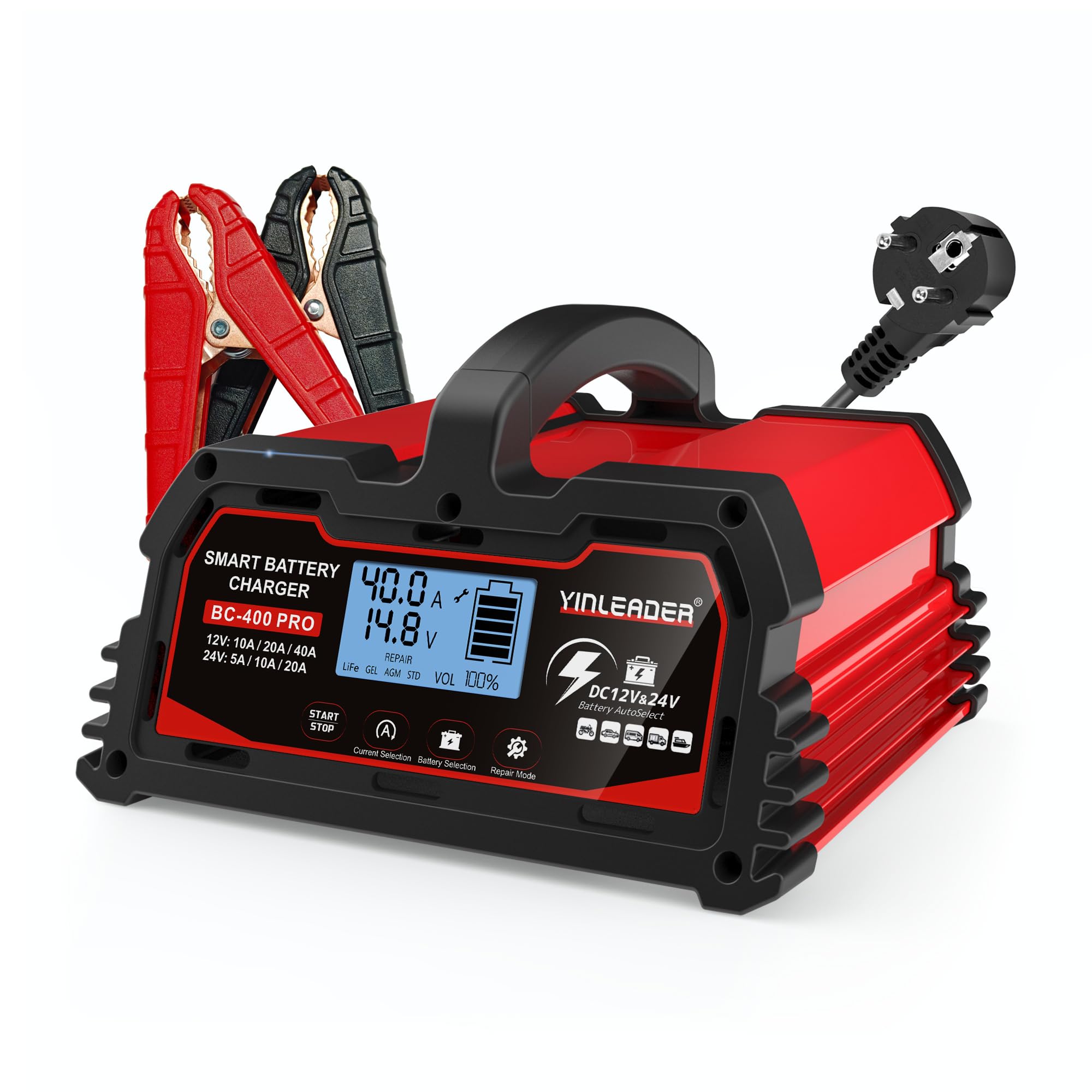 Yinleader Autobatterie Ladegerät 40A 12V/24V Batterieladegerät Auto Vollautomatisches Intelligentes Erhaltungsladegerät mit LCD-Bildschirm, Ladegeräte für Autobatterien