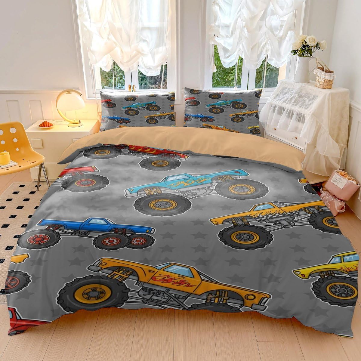 Kinder-Bettwäsche-Set mit Monster-Truck, für Einzelbett, Cartoon-Motiv, für Jungen und Mädchen, weiche Mikrofaser, 3D-Druck, Bettdeckenbezug, Schlafzimmer-Dekor (Stil 3, Einzelbett 135 x 200 cm + 50 x