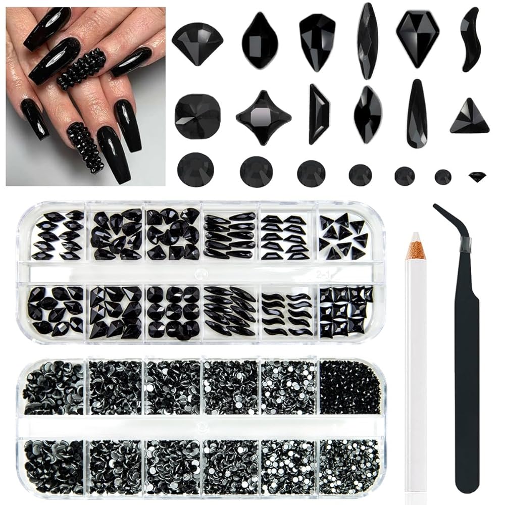qiipii 4080Pcs Black Nail Rhinestones Multi Shapes Flatback Jet Black Gems for Nails Round Beads K9 Glass Nail Crystals Stones Diamonds jewels Nail Art Supplies Charms for Nail Face Eyes Makeup Crafts