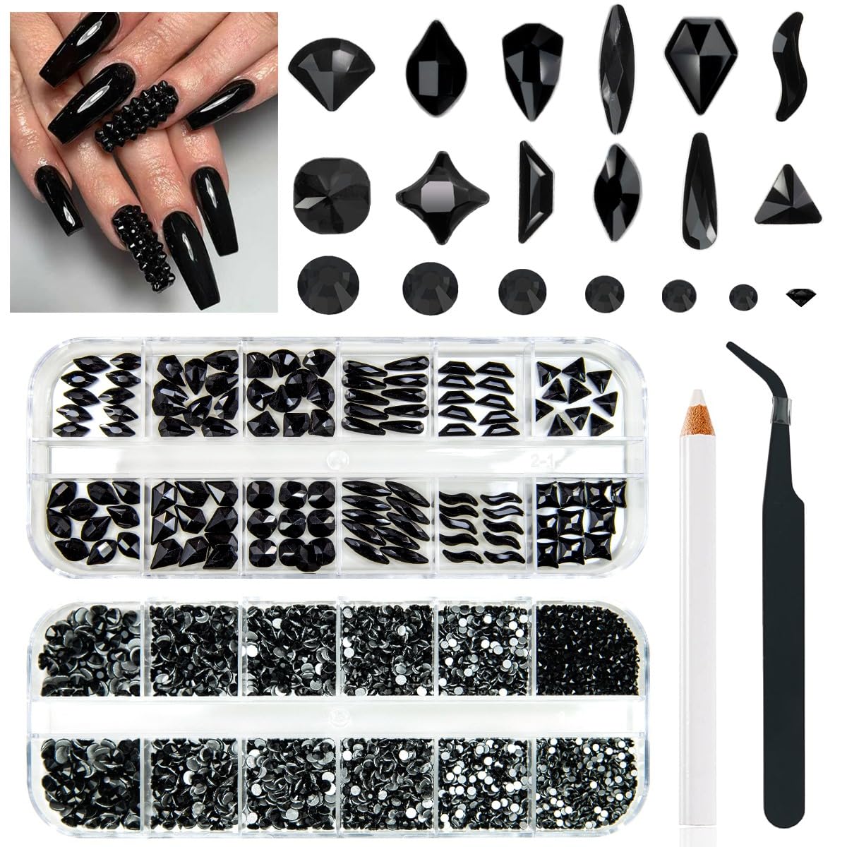 qiipii 4080Pcs Black Nail Rhinestones Multi Shapes Flatback Jet Black Gems for Nails Round Beads K9 Glass Nail Crystals Stones Diamonds jewels Nail