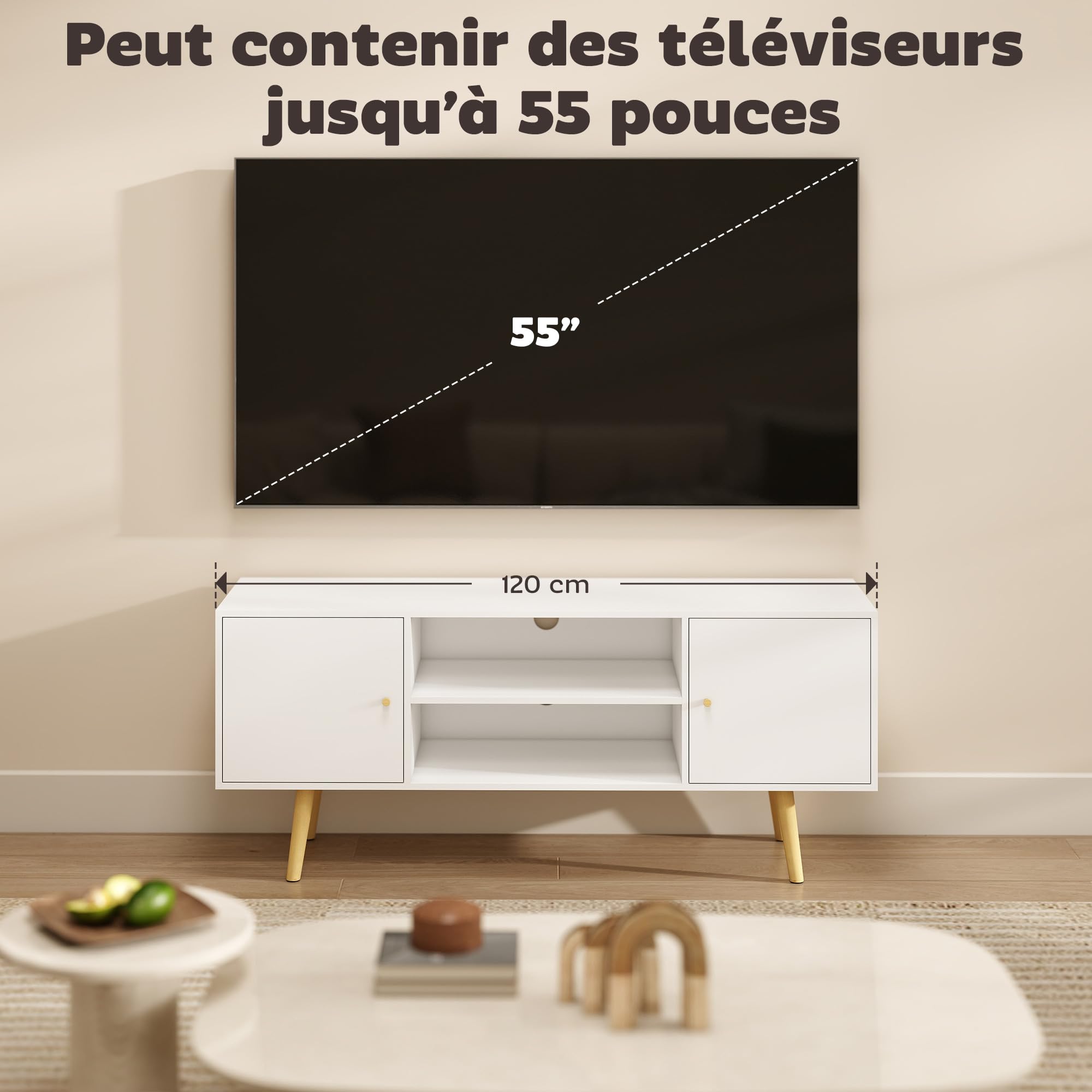 HOMCOM Meuble TV 120 cm, Meuble télé pour téléviseur jusqu'à 55 Pouces avec 2 placards et 2 étagères Ouvertes, Banc TV Moderne pour Salon, Chambre à Coucher, Blanc
