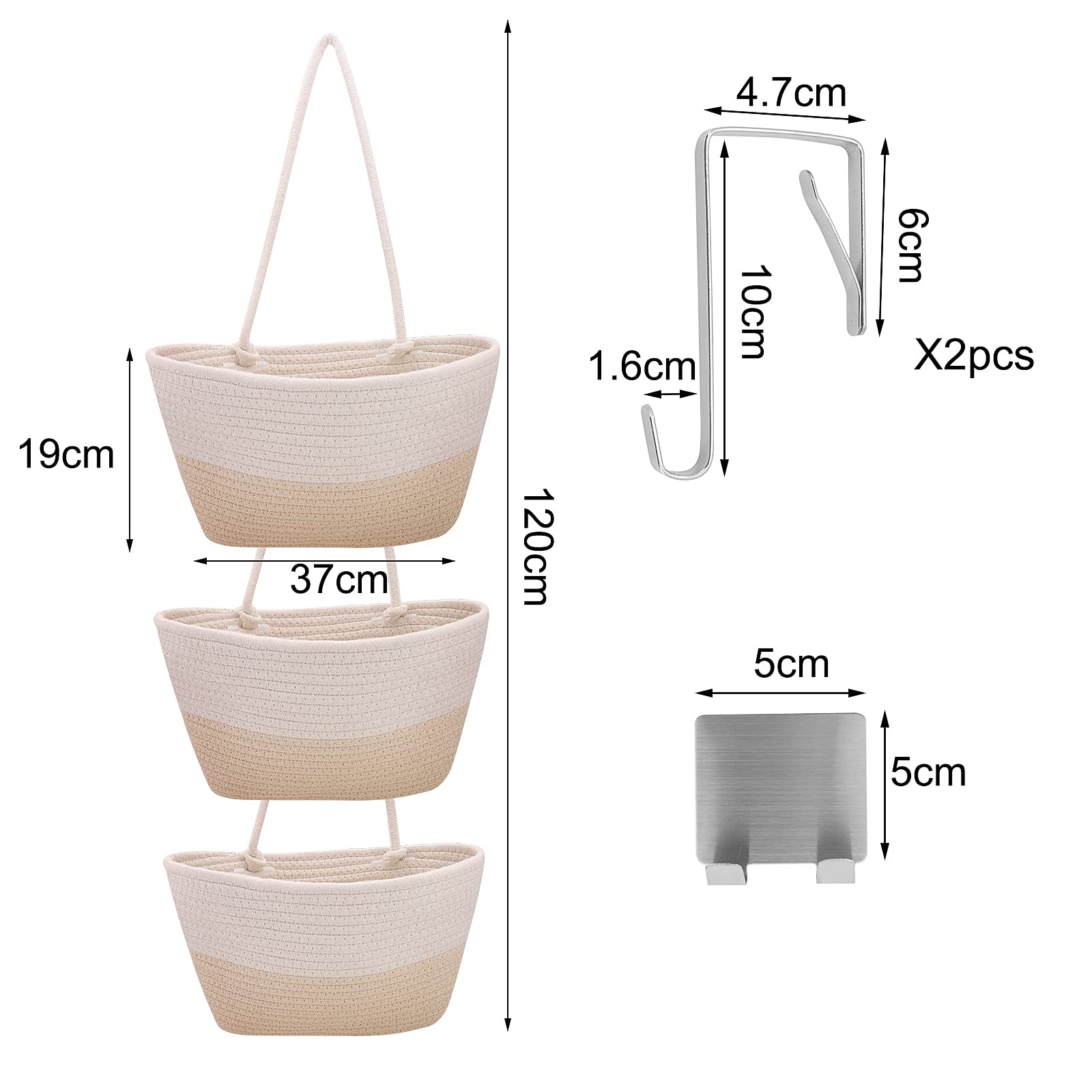 Cesto Appendiporta A 3 Ripiani In Corda Di Cotone: Organizer Per Frutta, Giocattoli E Accessori, Con Gancio, Per Camera Da Letto E Cameretta (Beige/Lino)