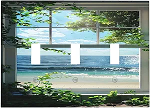 Decorative Switch Covers Plate Window Beach Seascape View Green Leaves 3 Gang Wall Plate Oversized Triple Toggle Light Switch Plate Jumbo Faceplate for Country Bedroom Home Decor