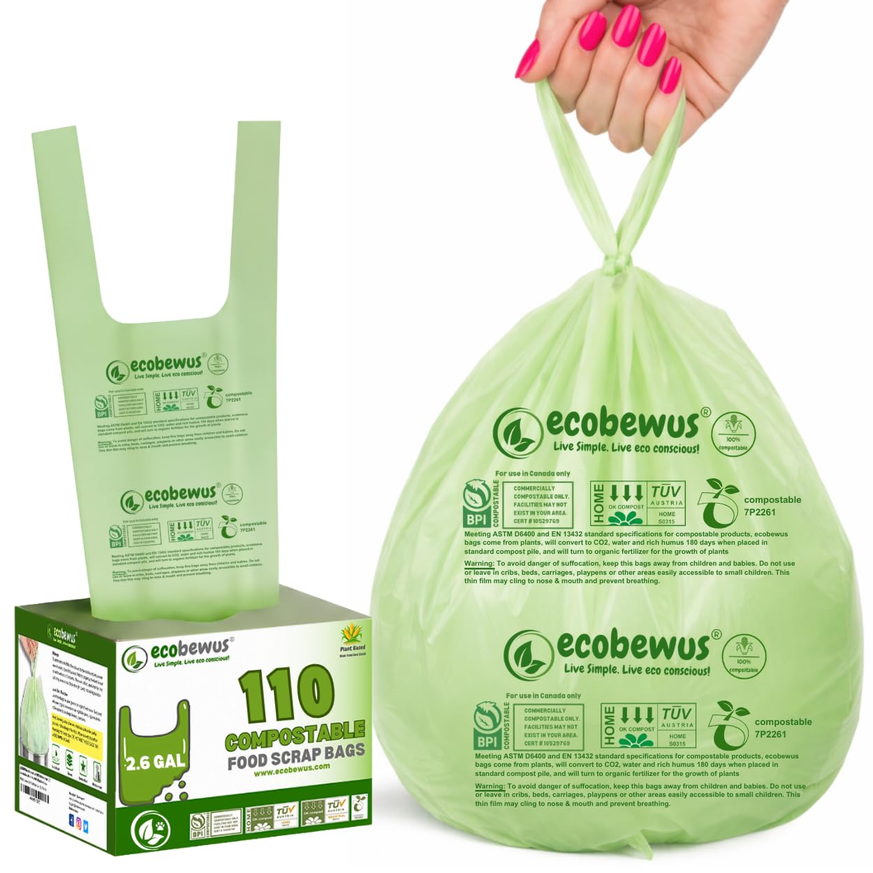 ecobewus 2.6 Gallon 100% Compostable Bags Handle Tie