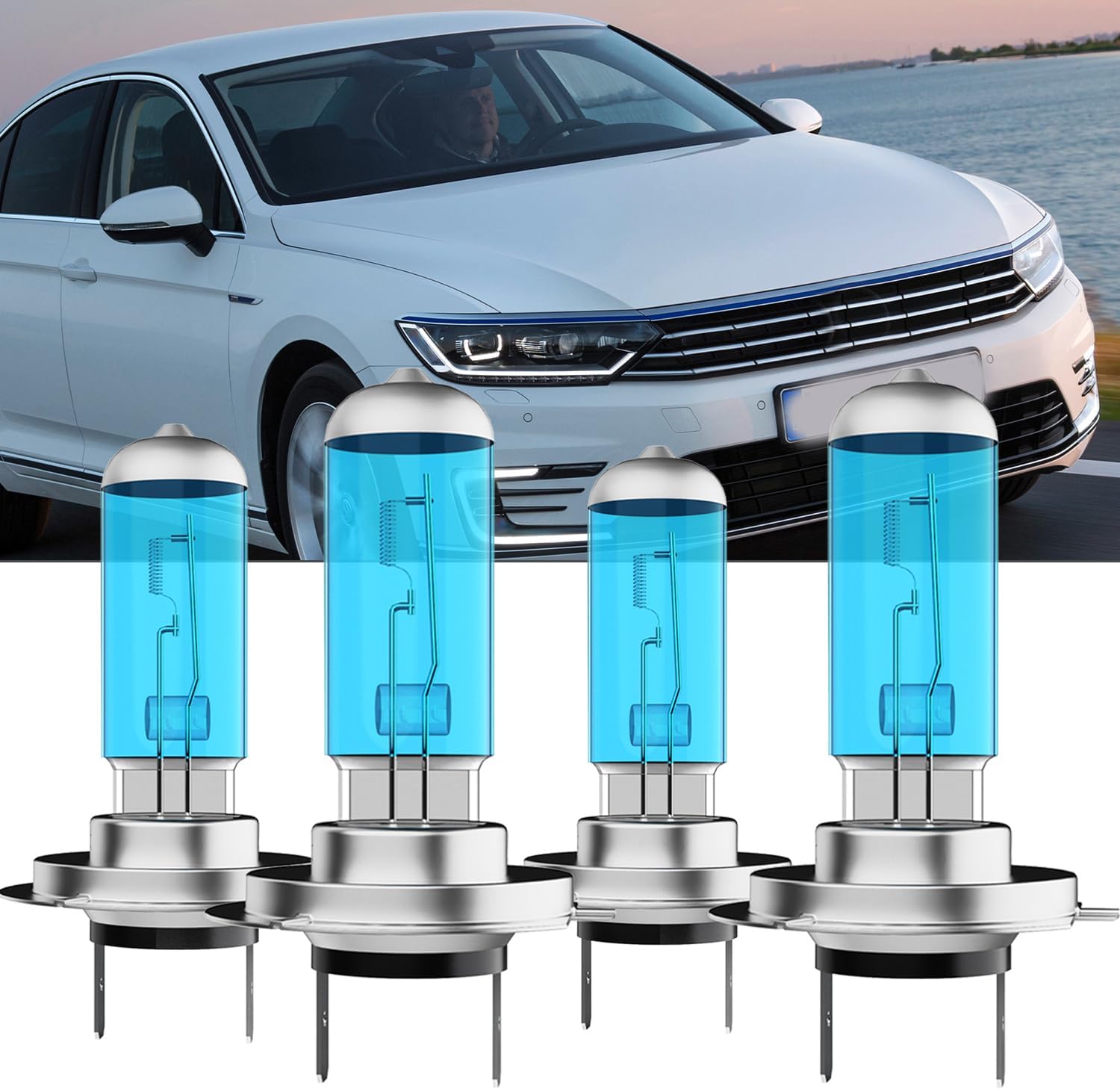 Upgraded Halogen Headlight Bulbs Fit For Volkswagen Passat 2002-2015 Headlights Combo,H7 High Beam H7 Low Beam High Performance headlights Bulb Combo,Super Light 6000K White,Plug n Play,4-Pack