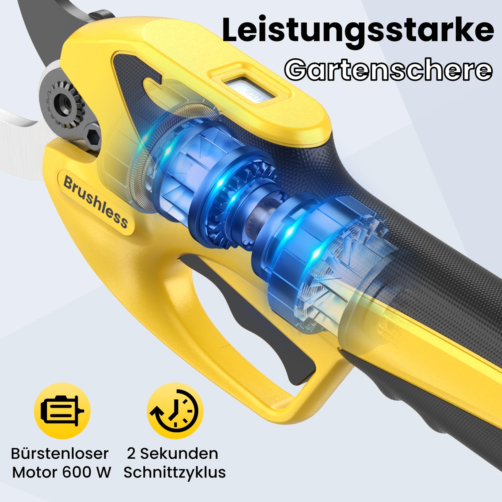 Akku Gartenschere, 23-25mm Akku Astschere mit 600W Bürstenlosmotor, 2x2000 mAh Akku und LED-Anzeige, USB-C Aufladen, Längere Laufzeit, Elektrische Astschere Klein für Zweigen, Blumen, Obstbäume