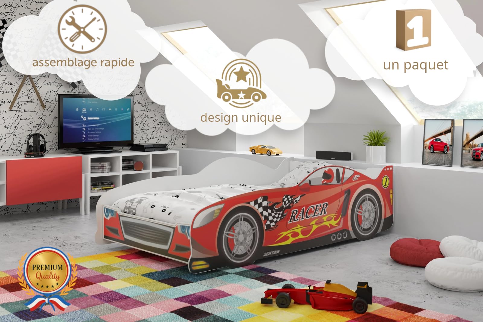 Lit Enfant Simple Forme de Voiture avec Sommier à Lattes 160x80 Rouge